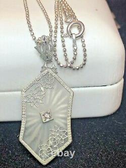 Antique Estate Sterling Silver Camphor Glass Diamond Pendant Necklace Art Deco