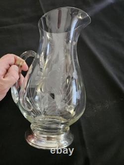 Antique Etched Glass Pitcher with Sterling Silver Base Floral Design