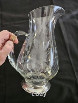 Antique Etched Glass Pitcher with Sterling Silver Base Floral Design