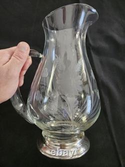 Antique Etched Glass Pitcher with Sterling Silver Base Floral Design