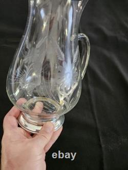 Antique Etched Glass Pitcher with Sterling Silver Base Floral Design