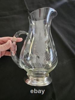 Antique Etched Glass Pitcher with Sterling Silver Base Floral Design