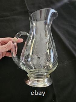 Antique Etched Glass Pitcher with Sterling Silver Base Floral Design