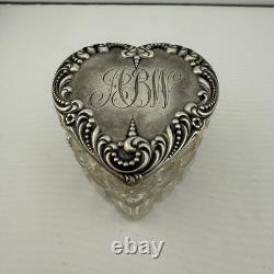Antique F&B Sterling Silver Heart Vanity Jar Cut Glass 703 Pat'd Monogram ABW