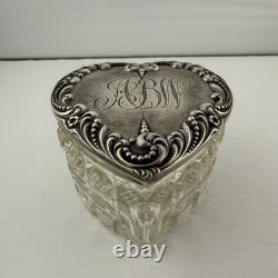 Antique F&B Sterling Silver Heart Vanity Jar Cut Glass 703 Pat'd Monogram ABW
