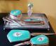 Antique F&b Sterling Silver & Turquoise Guilloche 8 Pc Vanity Set Perfume Bottle