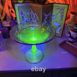 Antique Fostoria Uranium Glass Footed Compote with STERLING Silver Overlay
