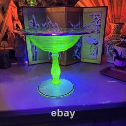 Antique Fostoria Uranium Glass Footed Compote with STERLING Silver Overlay