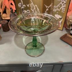 Antique Fostoria Uranium Glass Footed Compote with STERLING Silver Overlay