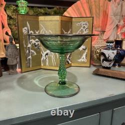 Antique Fostoria Uranium Glass Footed Compote with STERLING Silver Overlay