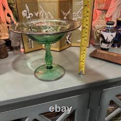 Antique Fostoria Uranium Glass Footed Compote with STERLING Silver Overlay