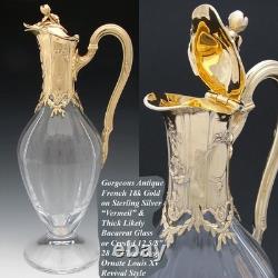 Antique French 18k Gold Vermeil on Sterling Silver & Bacarrat Glass Claret Jug