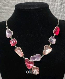 Antique French Art Nouveau Sterling Silver Raw Glass Necklace Signed Pink