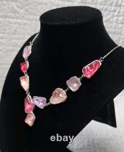Antique French Art Nouveau Sterling Silver Raw Glass Necklace Signed Pink