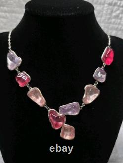 Antique French Art Nouveau Sterling Silver Raw Glass Necklace Signed Pink