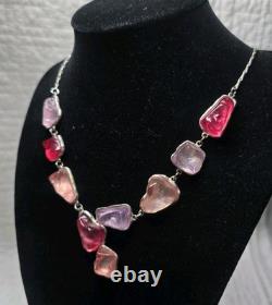 Antique French Art Nouveau Sterling Silver Raw Glass Necklace Signed Pink