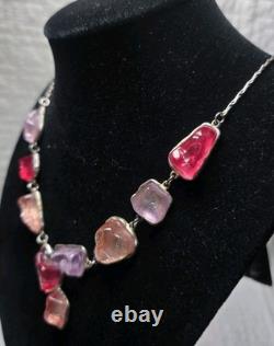 Antique French Art Nouveau Sterling Silver Raw Glass Necklace Signed Pink