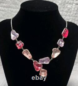 Antique French Art Nouveau Sterling Silver Raw Glass Necklace Signed Pink