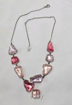 Antique French Art Nouveau Sterling Silver Raw Glass Necklace Signed Pink