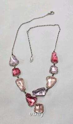 Antique French Art Nouveau Sterling Silver Raw Glass Necklace Signed Pink