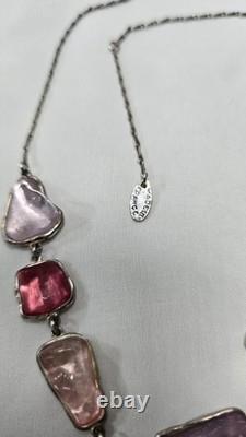 Antique French Art Nouveau Sterling Silver Raw Glass Necklace Signed Pink