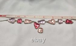 Antique French Art Nouveau Sterling Silver Raw Glass Necklace Signed Pink