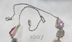 Antique French Art Nouveau Sterling Silver Raw Glass Necklace Signed Pink