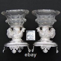 Antique French Louis XVI Sterling Silver & Glass Open Salt Pair, Cock or Rooster