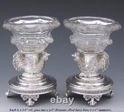 Antique French Louis XVI Sterling Silver & Glass Open Salt Pair, Cock or Rooster