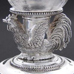 Antique French Louis XVI Sterling Silver & Glass Open Salt Pair, Cock or Rooster