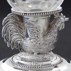 Antique French Louis XVI Sterling Silver & Glass Open Salt Pair, Cock or Rooster