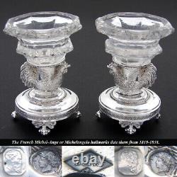 Antique French Louis XVI Sterling Silver & Glass Open Salt Pair, Cock or Rooster