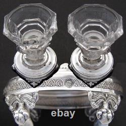 Antique French Louis XVI Sterling Silver & Glass Open Salt Pair, Cock or Rooster