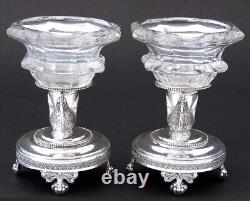 Antique French Louis XVI Sterling Silver & Glass Open Salt Pair, Cock or Rooster