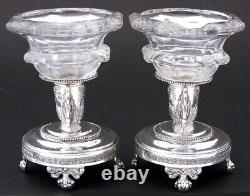 Antique French Louis XVI Sterling Silver & Glass Open Salt Pair, Cock or Rooster