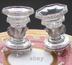 Antique French Louis XVI Sterling Silver & Glass Open Salt Pair, Cock or Rooster