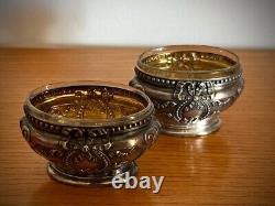 Antique French Pair of Sterling Silver Glass Salt Cellars Salerons 19th Century
