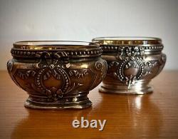Antique French Pair of Sterling Silver Glass Salt Cellars Salerons 19th Century