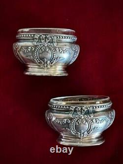 Antique French Pair of Sterling Silver Glass Salt Cellars Salerons 19th Century