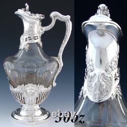 Antique French Sterling Silver & Cut Glass 30oz Decanter or Claret Jug, Rococo