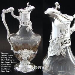 Antique French Sterling Silver & Cut Glass 30oz Decanter or Claret Jug, Rococo