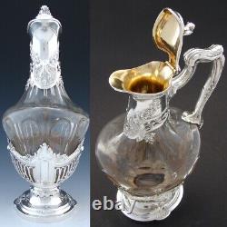 Antique French Sterling Silver & Cut Glass 30oz Decanter or Claret Jug, Rococo