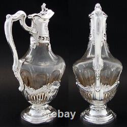 Antique French Sterling Silver & Cut Glass 30oz Decanter or Claret Jug, Rococo