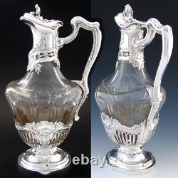 Antique French Sterling Silver & Cut Glass 30oz Decanter or Claret Jug, Rococo