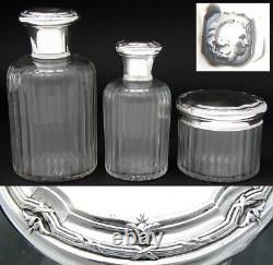 Antique French Sterling Silver & Cut Glass 3pc Vanity Set, Two Perfumes & Lg Jar