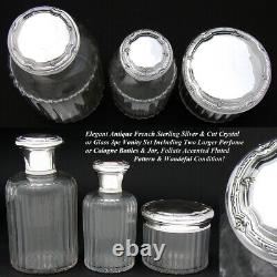 Antique French Sterling Silver & Cut Glass 3pc Vanity Set, Two Perfumes & Lg Jar