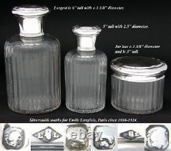 Antique French Sterling Silver & Cut Glass 3pc Vanity Set, Two Perfumes & Lg Jar