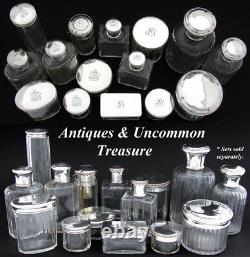 Antique French Sterling Silver & Cut Glass 3pc Vanity Set, Two Perfumes & Lg Jar