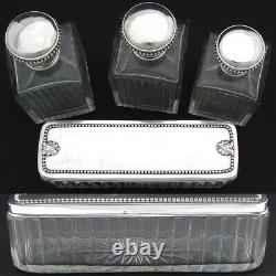 Antique French Sterling Silver & Cut Glass 4p Vanity Set, 3 Decanters & 8.5 Box