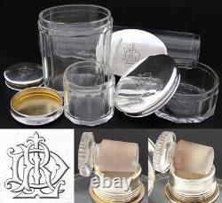 Antique French Sterling Silver & Cut Glass 6pc Vanity Set, Jars, Perfume Bottles